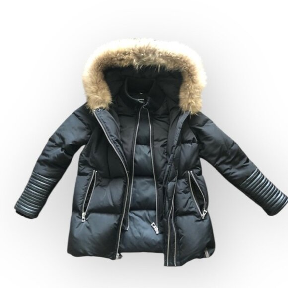 Rudsak Double Layer Black Mid-Length DOWN FUR LEATHER puffer Winter Jacket Coat - Picture 3 of 11